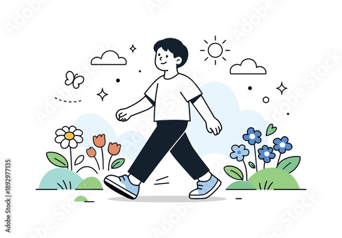 Spring Renewal. Fresh Start Spring Concept. A calm character stepping forward among blooming plants and soft abstract shapes. The scene conveys renewal,