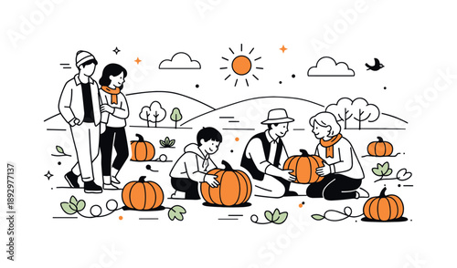 Pumpkin Field Wander. People exploring a pumpkin field. Slow walk and gentle interaction among pumpkins, peaceful fall landscape and togetherness. Minimalist