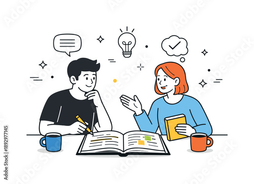 Cozy Book Exchange. Book club moment. A pair of readers with an open non-fiction book between them, exchanging ideas and highlighting notes, warm atmosphere