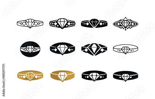Luxury Diamond Icons. Diamond-encrusted accessories. Icon set. Set Logo of Diamond-encrusted accessories: luxury bracelet with gems. harmonious logo variations