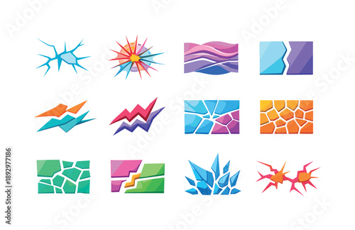 Colorful Glass Fractures. Glass Fracture. Colorful flat vector icons set of Glass Fracture: fracture lines, radial crack pattern, glass stress lines, split