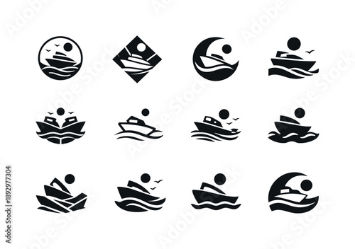 Boat Ride Icons. Taking a boat ride. Icon set. Set Logo of taking a boat ride: recreational water travel. harmonious logo variations of the same emblematic