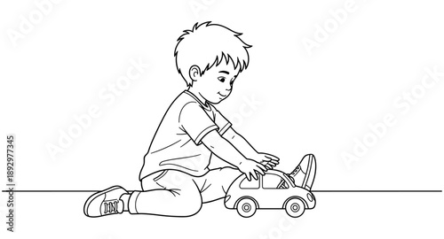 Young boy sitting on the floor playing with a toy car, line art illustration
