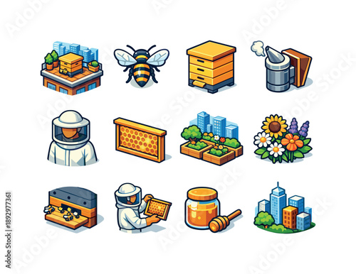 Urban Beekeeping Icons. Urban Beekeeping. Colorful isometric vector icons set of Urban Beekeeping: rooftop hive, honey bee, beehive box, smoker tool, beekeeper