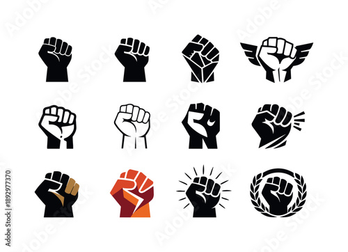 Winning Fist Logos. winning. Icon set. Set Logo of winning: raised fist of victory. harmonious logo variations of the same emblematic concept, each with