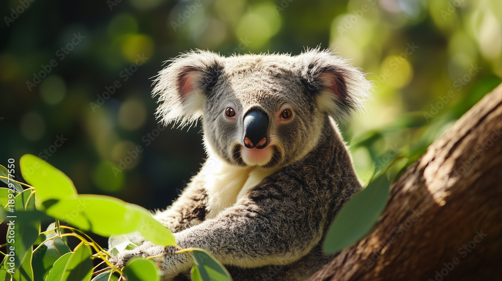 Fototapeta premium Koala sits on a branch in the forest