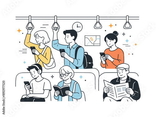 City Commuters Journey. City commuters public transport. Passengers standing and sitting inside a bus or metro, holding handrails and phones. Quiet focus and