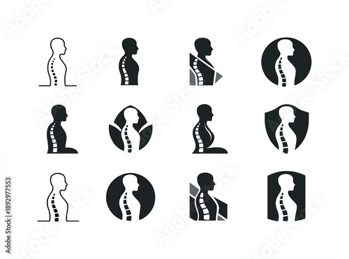 Posture Icon Set. Maintaining good posture. Icon set. Set Logo of maintaining good posture: side profile with straight spine alignment. harmonious logo