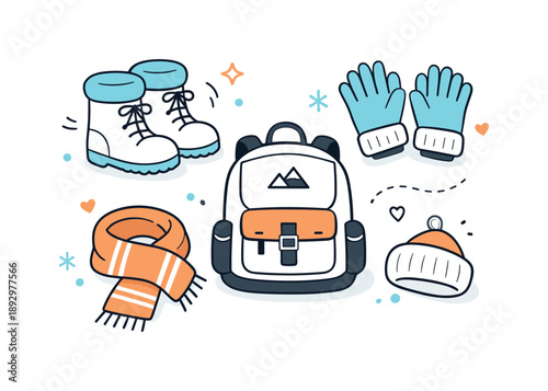 Winter Travel Essentials. Travel accessories for winter vacation. Boots, gloves, scarf, and backpack arranged in a tidy flat lay, symbolizing warmth and
