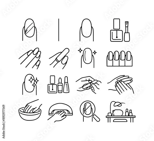 Cat Eye Manicure Icons. Cat eye manicure. Line icon set of Cat eye manicure: cat eye nail pattern, vertical shimmer line, oval nail shape, gel polish nail,