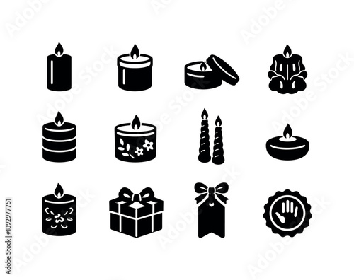 Artisan Candle Icons. Artisan eco candles. Solid icon set of artisan eco candles: pillar candle, container candle, tin candle, carved candle, layered candle,