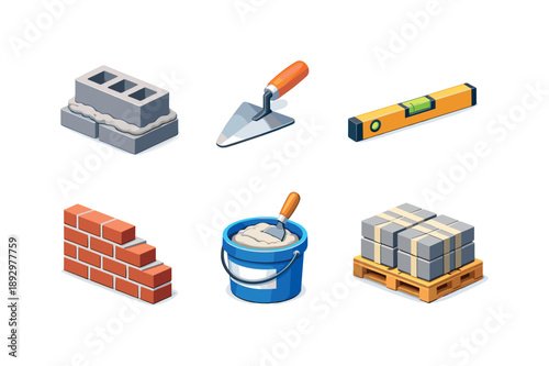 Isometric Masonry Icons. Masonry. Isometric flat vector icons set of Masonry: concrete block with mortar, brick trowel tool, level ruler, blockwork wall