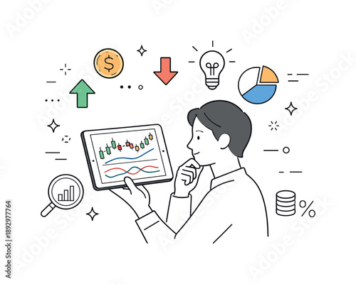 Financial Data Analysis. Investment trend analysis. A person analyzing stock data on a tablet with charts and indicators. Thoughtful decision-making mood with