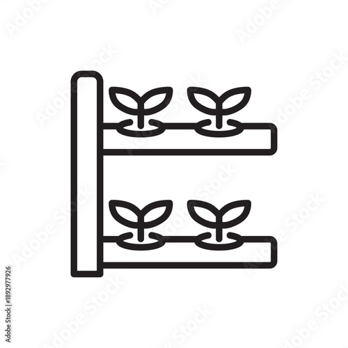 Minimalist line icon of a vertical hydroponic shelf with growing sprouts. Clean vector art for sustainable agriculture, indoor farming, plant nurseries, and urban gardening technology.