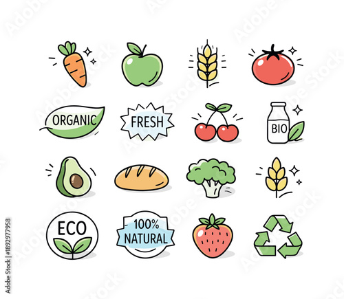 Organic Icons Design. Organic food icons. Minimal symbols of vegetables, fruits, grains and eco labels displayed with plenty of space. Freshness, healthy
