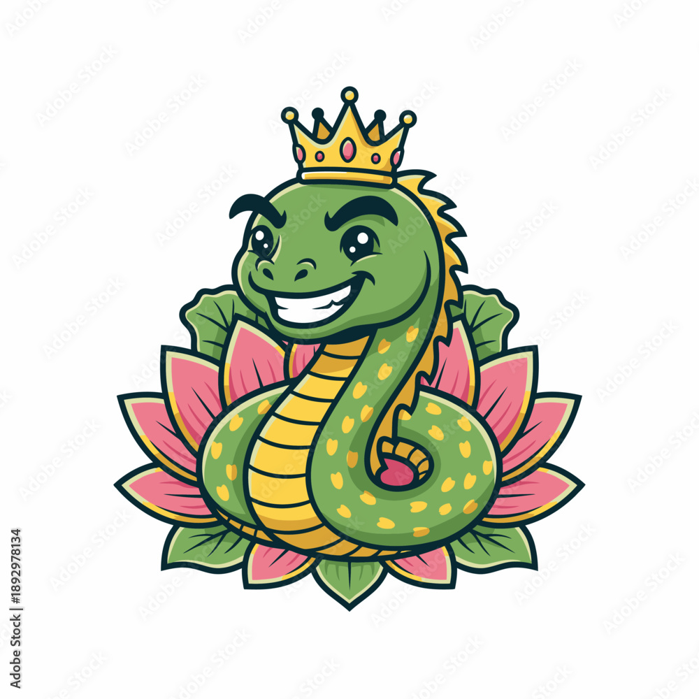 Obraz premium Cute cartoon king snake wearing a crown sitting on a lotus flower.