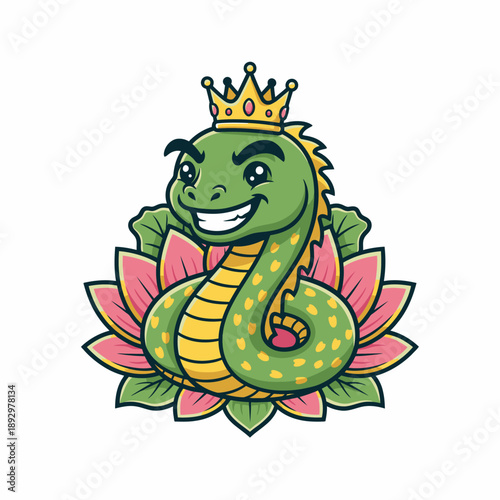 Cute cartoon king snake wearing a crown sitting on a lotus flower.