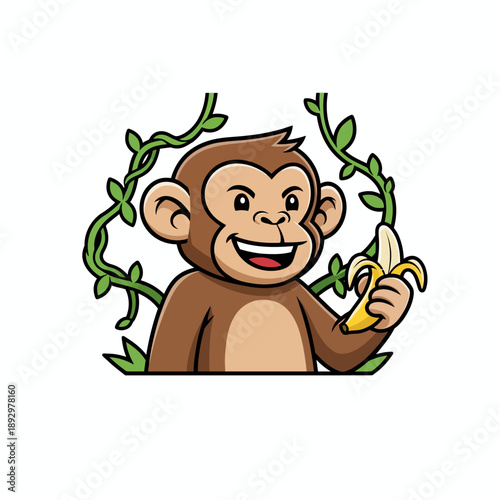Cute cartoon monkey holding a banana and smiling.