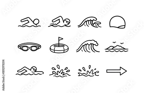 Open Water Icon Set. Open Water Swimming. Line icon set of Open Water Swimming: swimmer silhouette, crawl stroke, breathing side, ocean swell, swim cap,