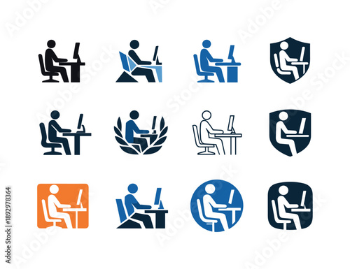 Posture Icon Variations. Maintaining good posture. Icon set. Set Logo of maintaining good posture: human figure sitting upright at desk. harmonious logo