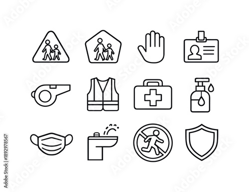 School Safety Icons. School safety. Line icon set of school safety: crosswalk sign, school zone sign, stop hand, ID badge, whistle, safety vest, first aid kit,