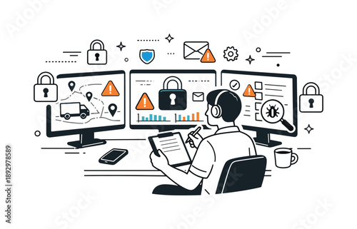 Secure Logistics Monitoring. Protecting logistics data. A specialist reviewing alerts and security indicators on screens connected to shipment tracking