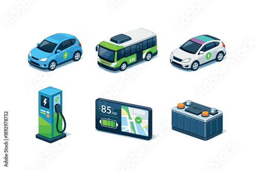 Electric Vehicle Icons. Electric Vehicles. Isometric flat vector icons set of Electric Vehicles: compact EV hatchback, urban electric bus, electric ride-share