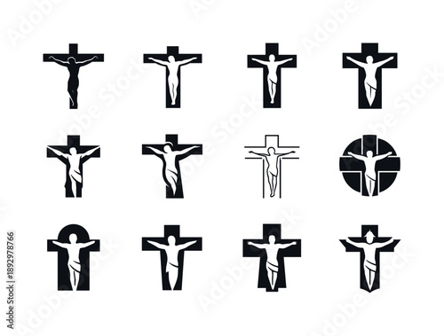Crucifixion Icon Set. Crucifixion. Icon set. Set Logo of Crucifixion: figure on cross silhouette. harmonious logo variations of the same emblematic concept,