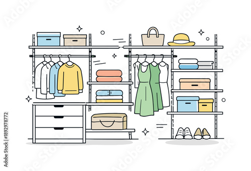 Organized Closet Design. Customizable home storage solutions. A closet scene with adjustable rails and shelves, showing clothes and boxes fitting neatly in