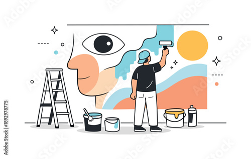 Creative Street Mural. Street art and murals. An artist painting a large wall mural with calm, confident strokes, ladder and paint buckets nearby. The scene