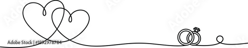 Vector illustration of continuous line forming two interlocking hearts and wedding rings with flower accent in elegant style