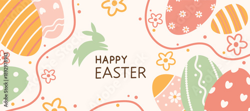 Happy Easter banner with decorated eggs, floral elements. Minimalistic and festive design for spring celebration. Cute flat vector Easter greeting card.