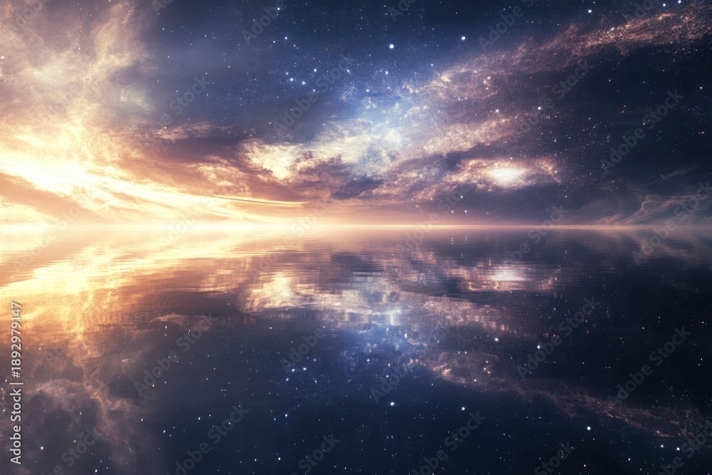 Fototapeta premium Celestial landscape reflecting starlit sky over calm water at twilight