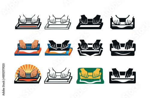 Screen Print Icons. artwork with a screen press. Icon set. Set Logo of artwork with a screen press: hands pulling squeegee. harmonious logo variations of the