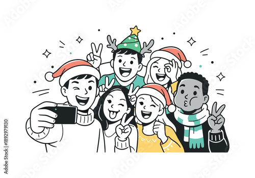 Festive Selfie Fun. Group Christmas selfie funny pose. Friends making playful gestures and expressions while taking a selfie together. Laughter, spontaneity