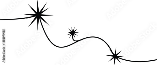 Vector illustration of decorative curving black line with three starburst shapes in varying sizes on white background