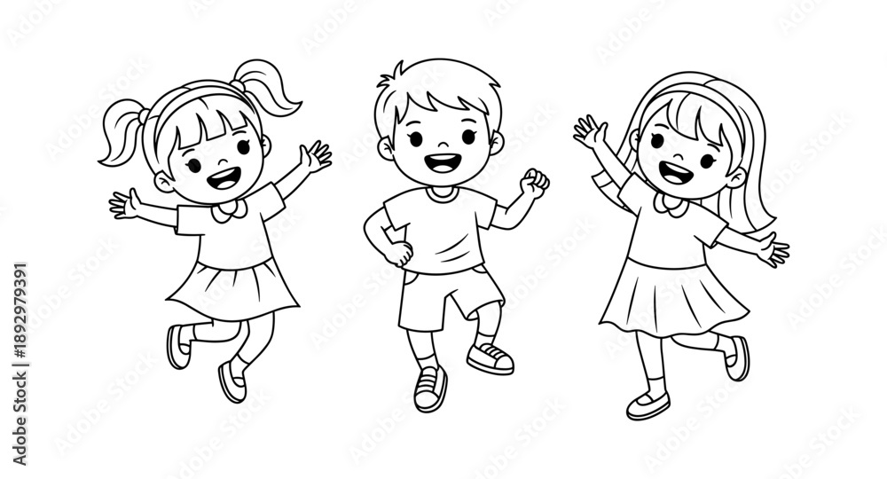 Fototapeta premium Three happy cartoon children jumping and waving with excitement, black and white line art