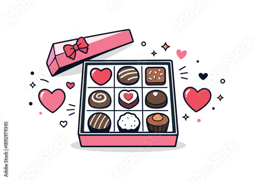 Valentine Treats Design. Valentine?s Day Food and Sweets Motifs. Small chocolate box with neatly arranged sweets, complemented by hearts and dots. Cozy