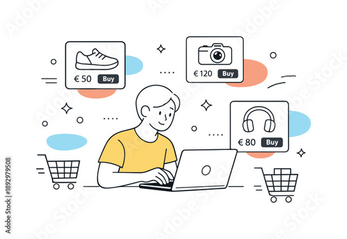 Minimalist Online Shopping. Online shopping. Person browsing products on a laptop with shopping cart icons nearby, calm and pleasant buying experience. Simple