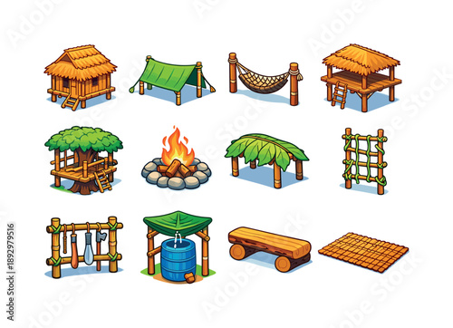 Colorful Jungle Shelters. jungle shelters. Colorful isometric vector icons set of jungle shelters: bamboo hut, tarp shelter, rope hammock, elevated platform,