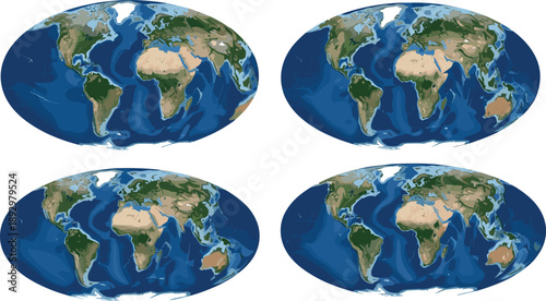 Vector illustration of four identical topographical world maps in 2x2 grid showing continents, oceans, and terrain shading