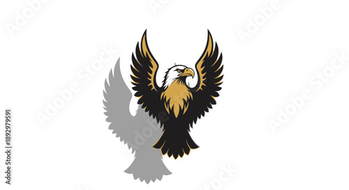 Powerful Black and Gold Eagle Flying with Spread Wings Vector Illustration on White Background, Symbolizing Strength and Freedom