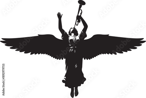 Angel vector illustration playing a trumpet with wings spread and arms raised