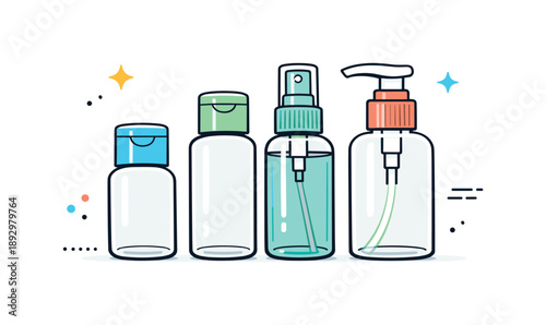 Minimal Travel Toiletries. Minimal travel toiletries. Reusable cosmetic bottles with flip caps and pumps standing side by side, suggesting order and