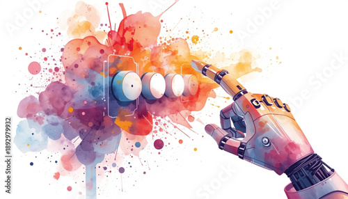 A robotic hand creating a colorful abstract art piece with paint splatters robot and profession