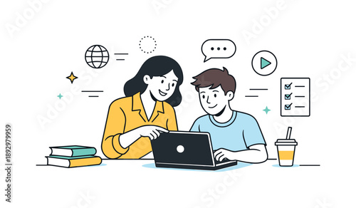 Digital Learning Collaboration. Teacher student modern learning. A contemporary education scene with a teacher and student using a laptop together, symbolizing