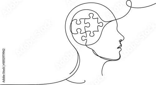 Vector illustration of human head with puzzle brain, continuous line style, mental health concept, cognitive introspection symbol
