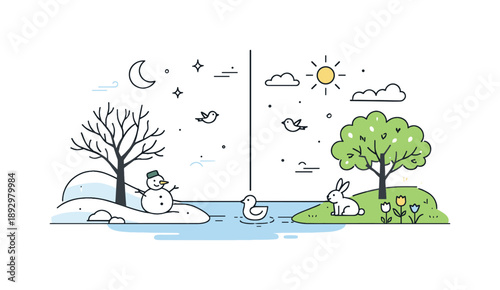 Seasonal Transition Scene. Half cold half warm season. Trees transitioning from bare branches to soft green foliage across the composition. Peaceful and