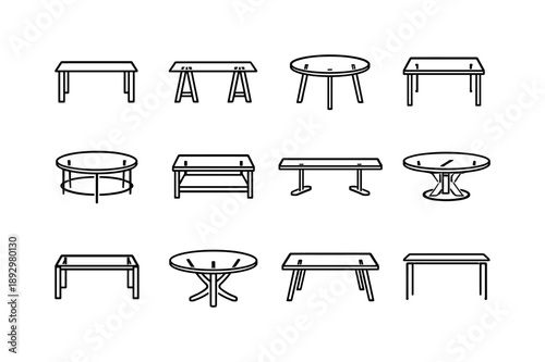Minimal Glass Table Icons. Glass table. Line icon set of Glass table: transparent tabletop, modern table design, glass surface, minimalist table, sleek legs,