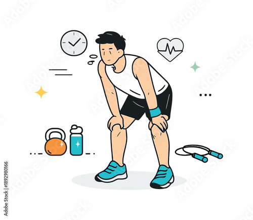 HIIT Pause Moment. Gym HIIT routine. A person pauses briefly between intervals, hands on knees, preparing for the next exercise. Controlled breathing, focus,